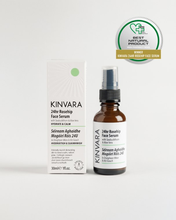 24Hr Rosehip Face Serum, amber glass bottle beside its carton, with an award badge